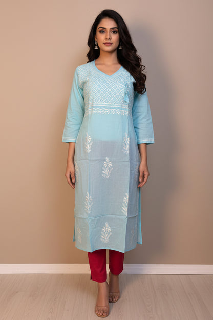 Tie Neck Chikankari Long Tunic Kurti