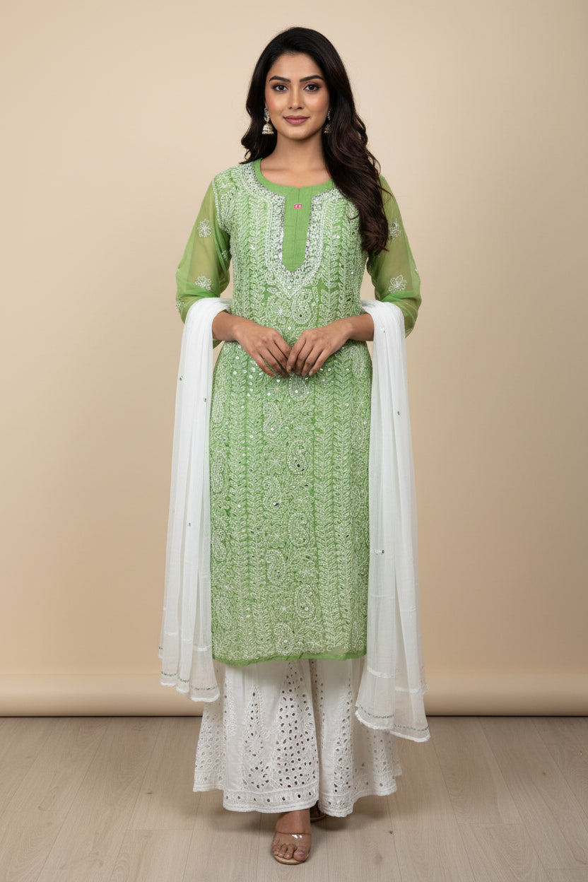 3 Piece Chiffon Set with Mirror Work