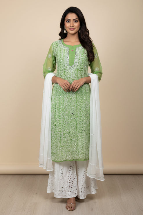 3 Piece Chiffon Set with Mirror Work
