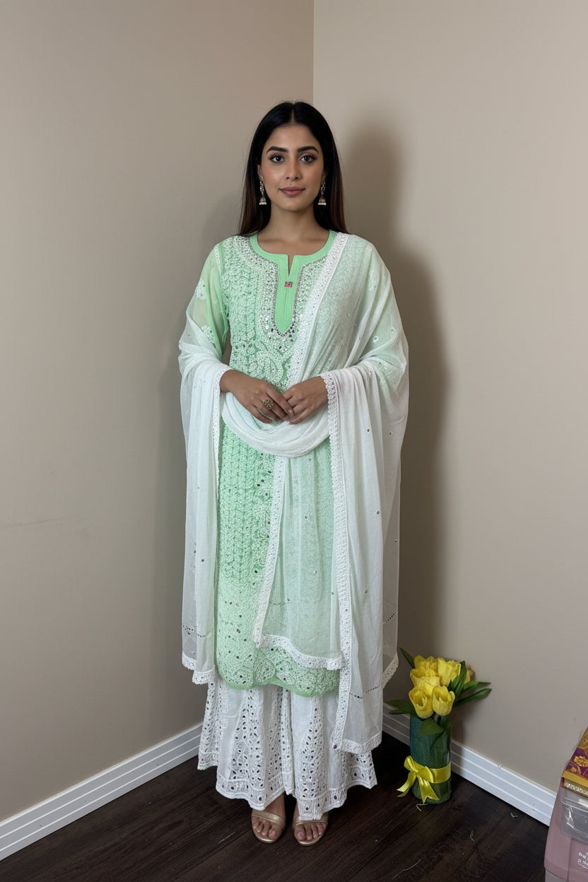 3 Piece Chiffon Set with Mirror Work