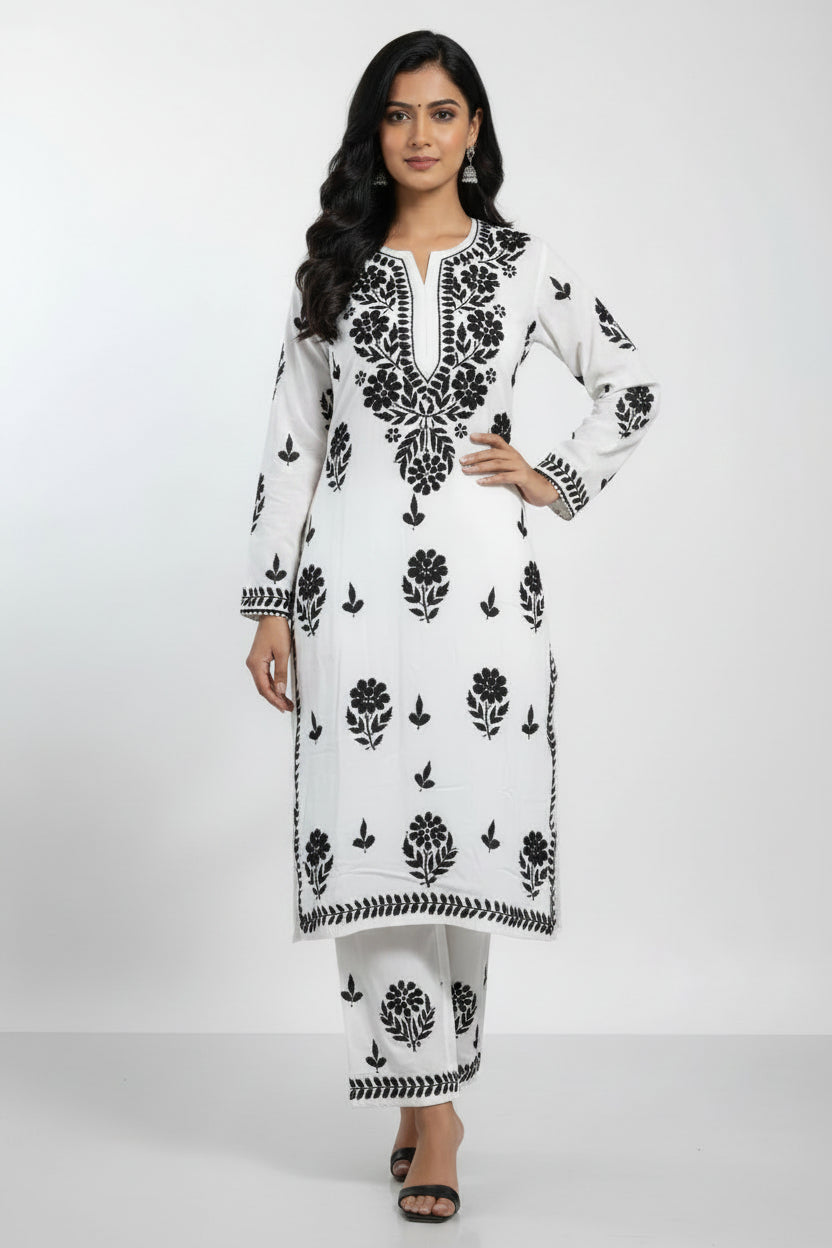 Black & White Rayon Chikankari Set