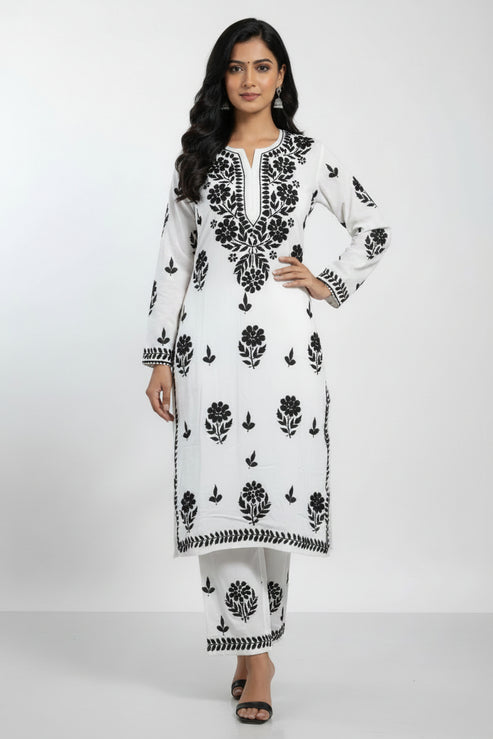 Black & White Rayon Chikankari Set