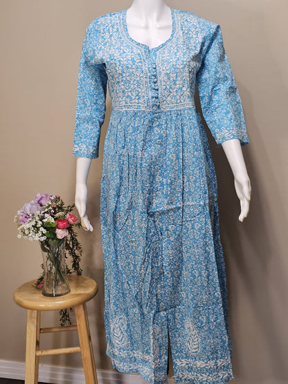 Mul Cotton Chikankari Long Dress Sky Blue