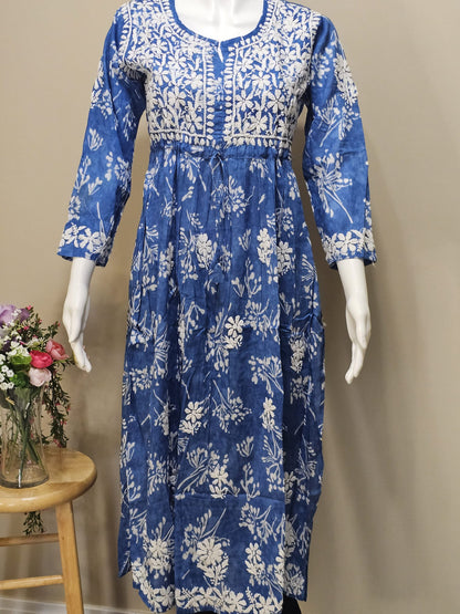 Mul Cotton Chikankari Long Dress Blue