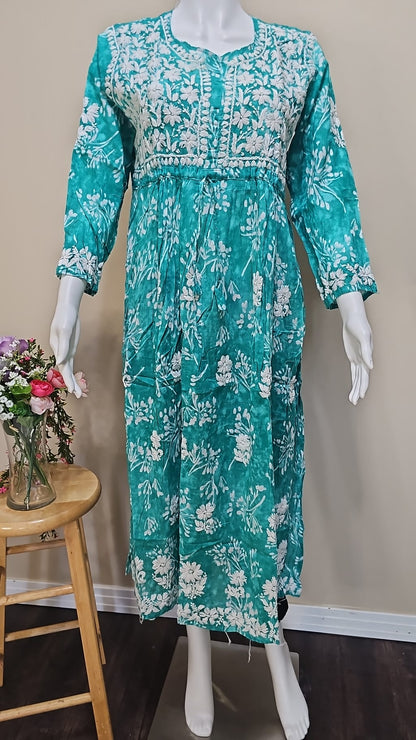 Mul Cotton Chikankari Long Dress Sea Green