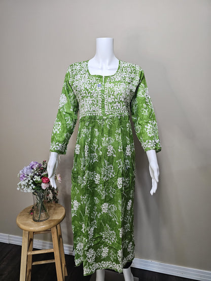 Mul Cotton Chikankari Long Dress Green