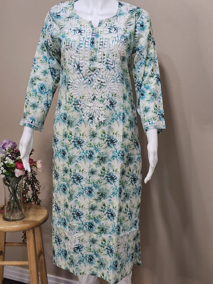 Mul Cotton Floral Chikankari Tunic Green 40