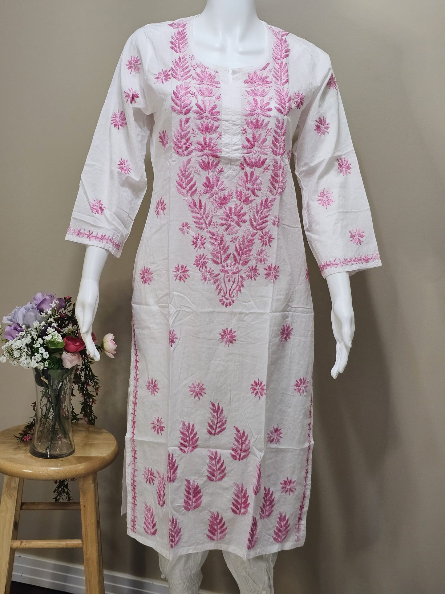 White Gradient Chickankari Long Tunic