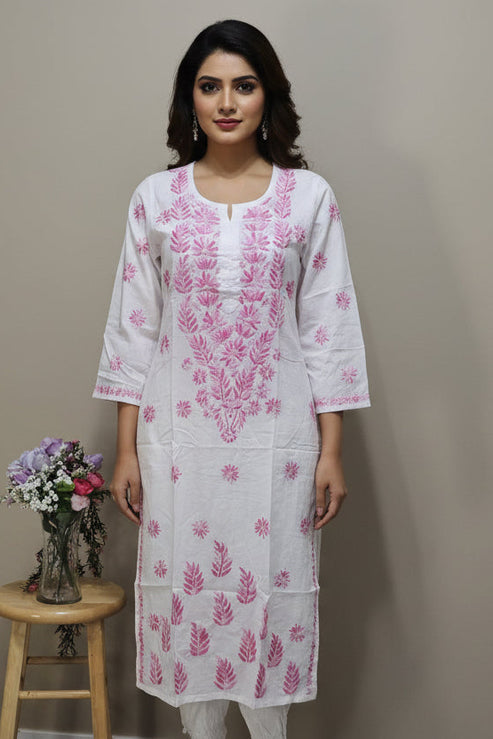 White Gradient Chickankari Long Tunic Pink