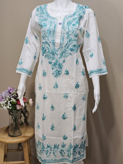White Gradient Chickankari Long Tunic Sea Green