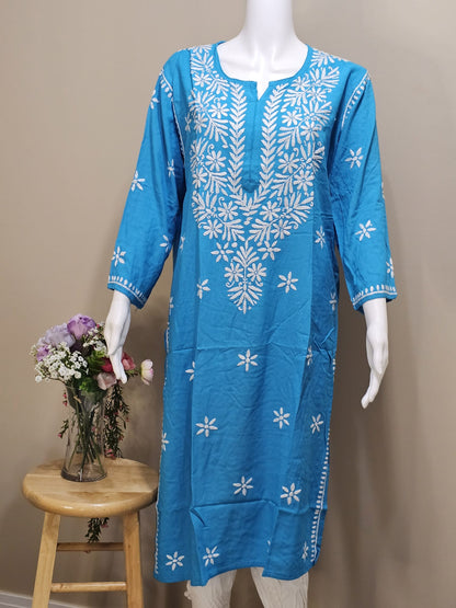 Rayon Long Plain Chikankari Tunic Sky Blue