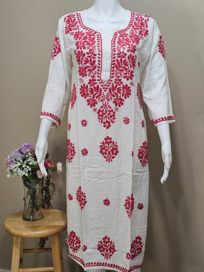 White Rayon V-Neck Long Chikankari Tunic Pink