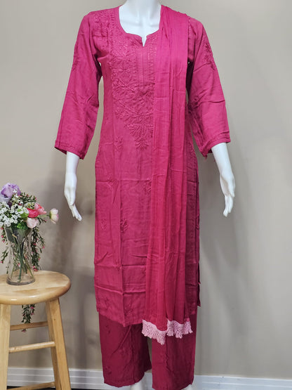 Three Piece Chikankari Soft Cotton Set Red