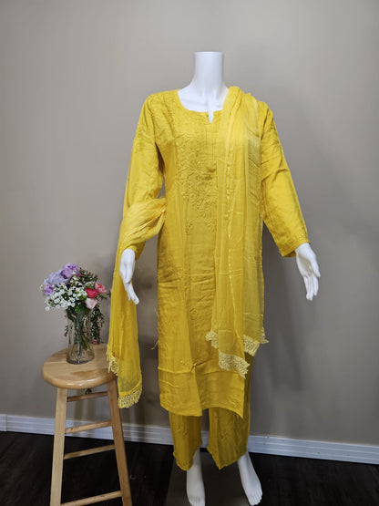 Three Piece Chikankari Soft Cotton Set Yellow