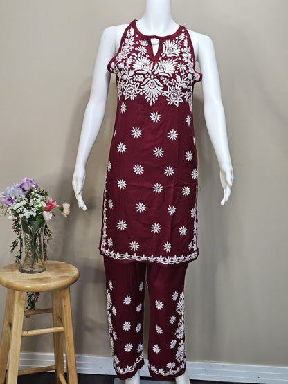 Rayon Sleeveless Long Chikankari Tunic Set Maroon