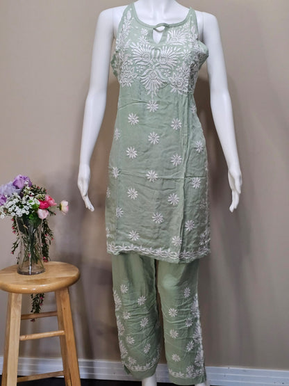 Rayon Sleeveless Long Chikankari Tunic Set Green