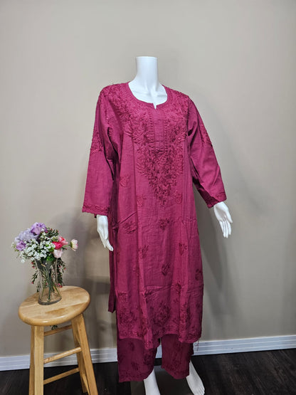 Plus Size Linen Chikankari Set Maroon 54