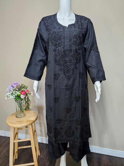 Plus Size Linen Chikankari Set Black 54
