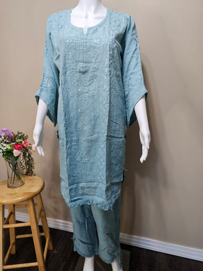 Rayon Chikankari Set with Fancy Pant Sea Green