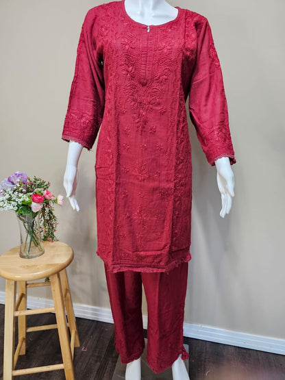 Rayon Chikankari Set with Fancy Pant Red