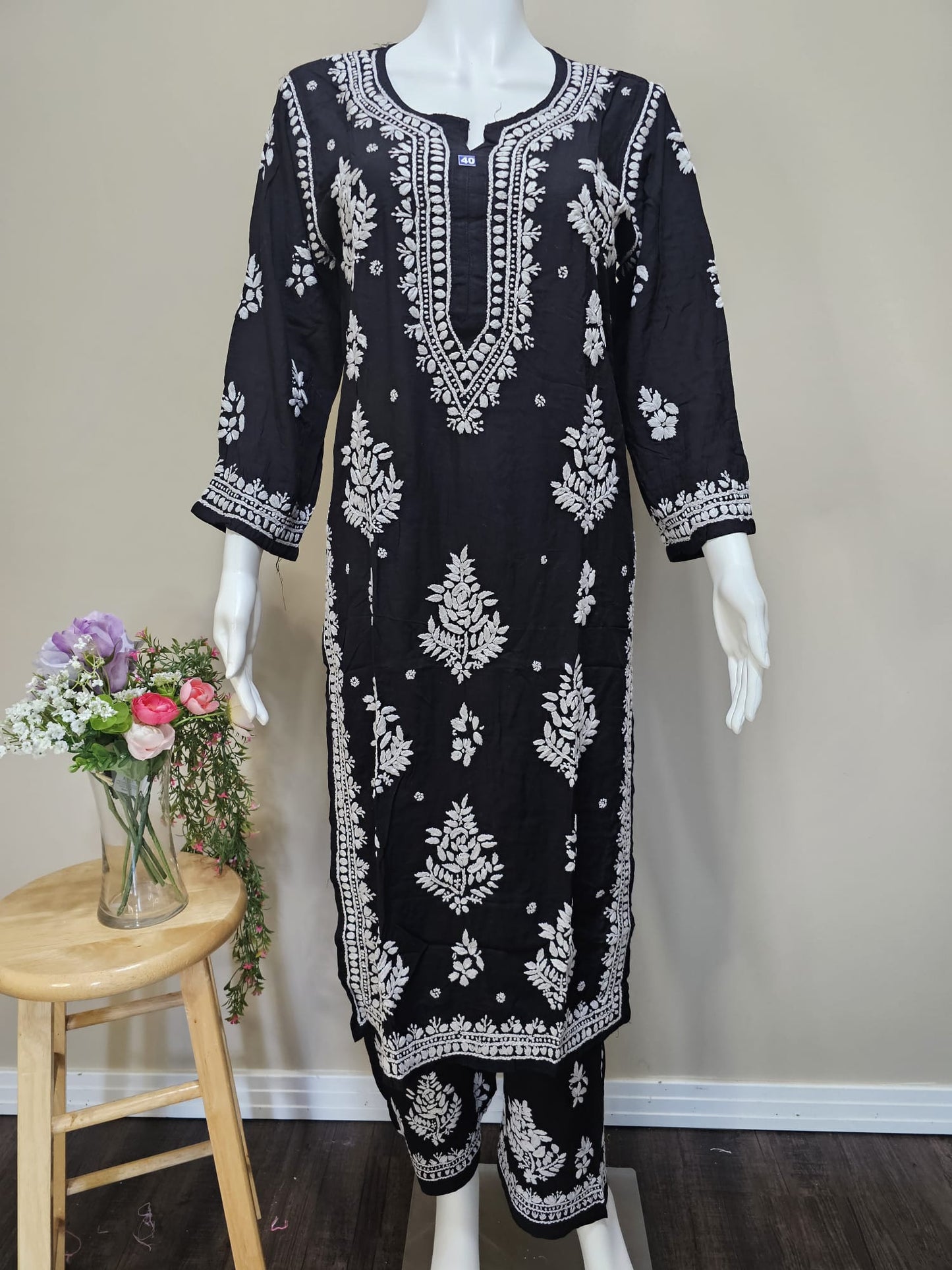 Ensemble Chikankari Plazo en coton Mul