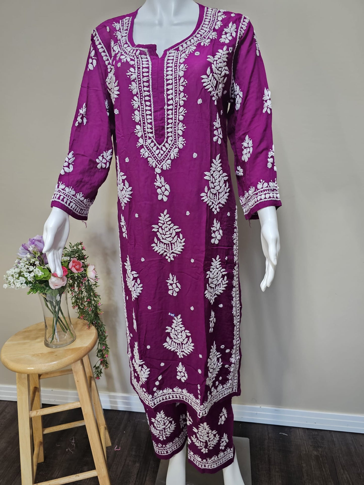 Ensemble Chikankari Plazo en coton Mul