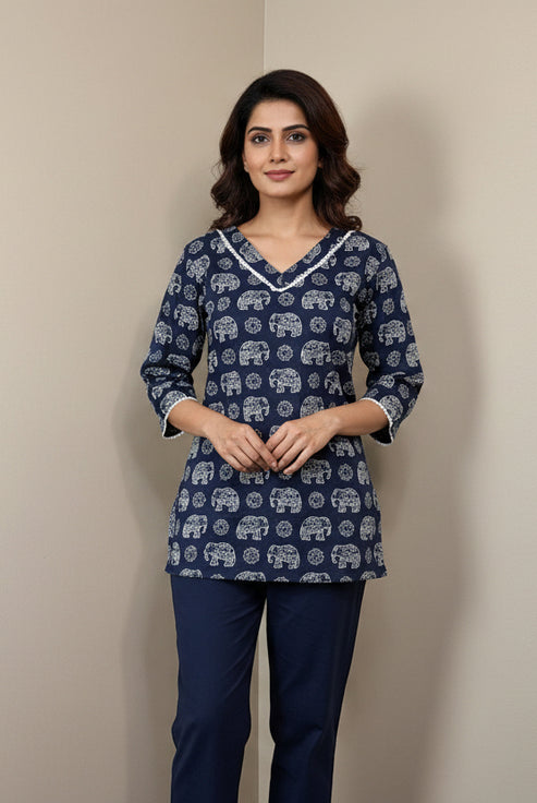 Elephant Print Short Cotton Top