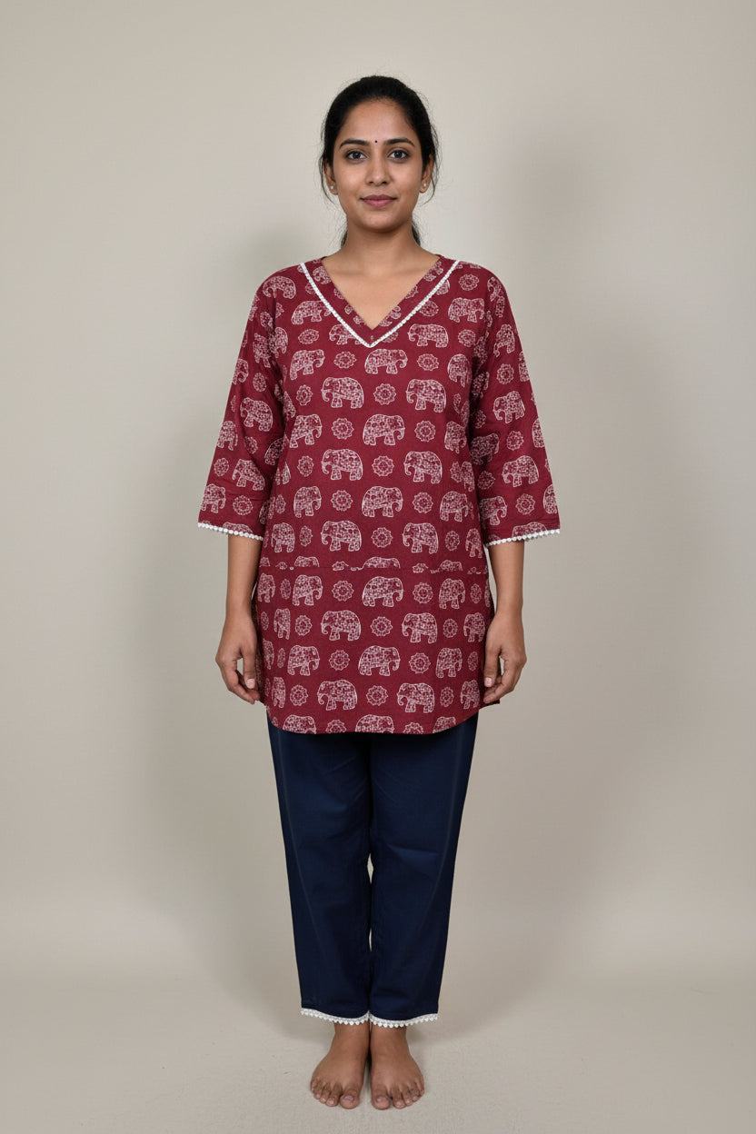 Elephant Print Short Cotton Top