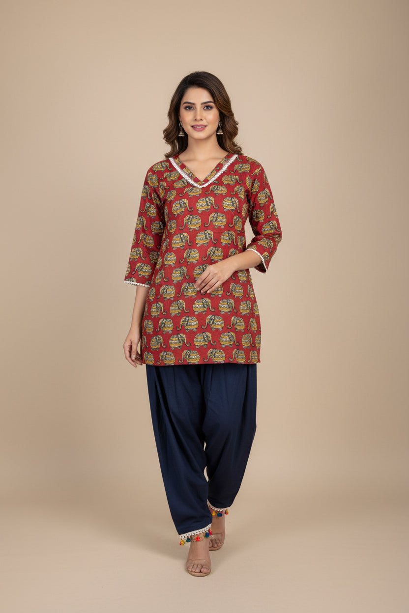 Elephant Print Short Cotton Top