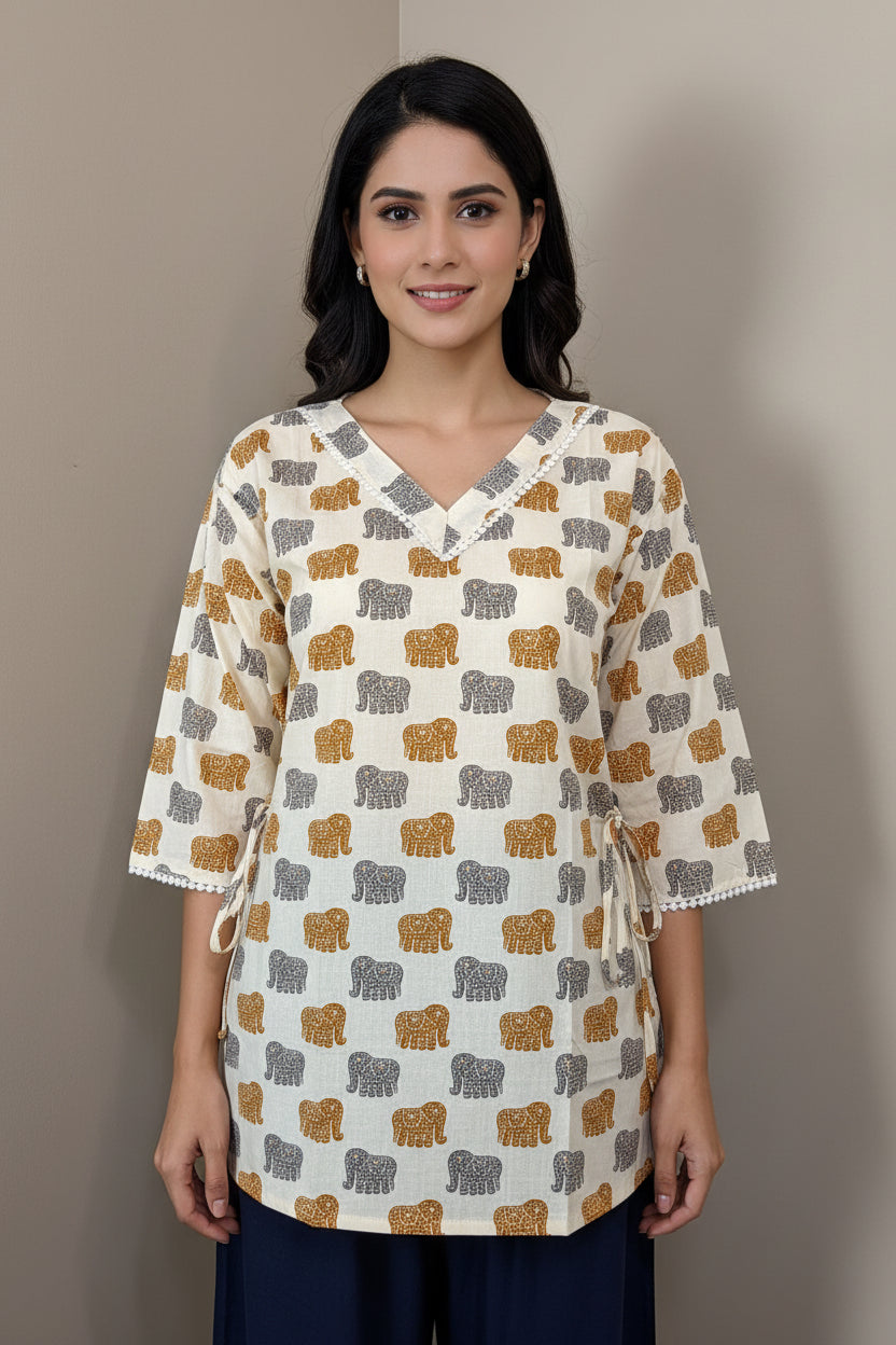 Cream Elephant Print Short Cotton Top