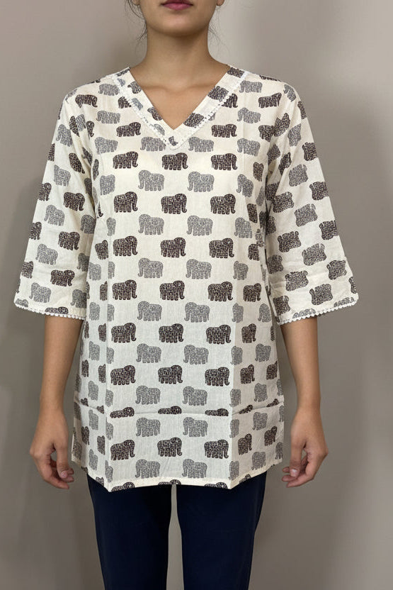Cream Elephant Print Short Cotton Top
