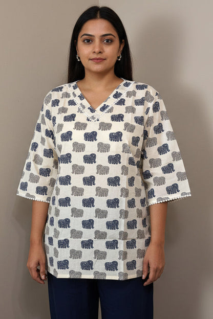 Cream Elephant Print Short Cotton Top