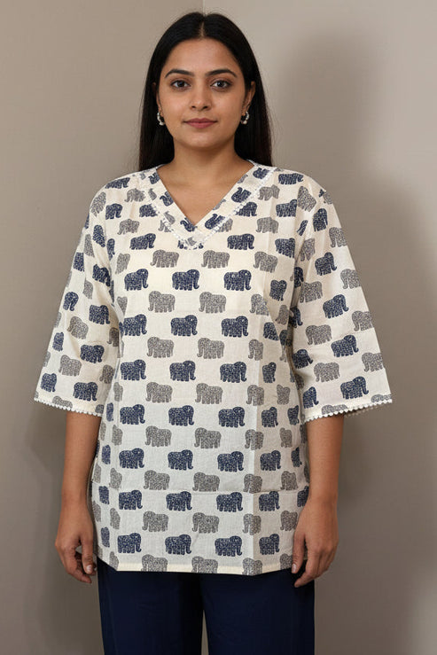 Cream Elephant Print Short Cotton Top