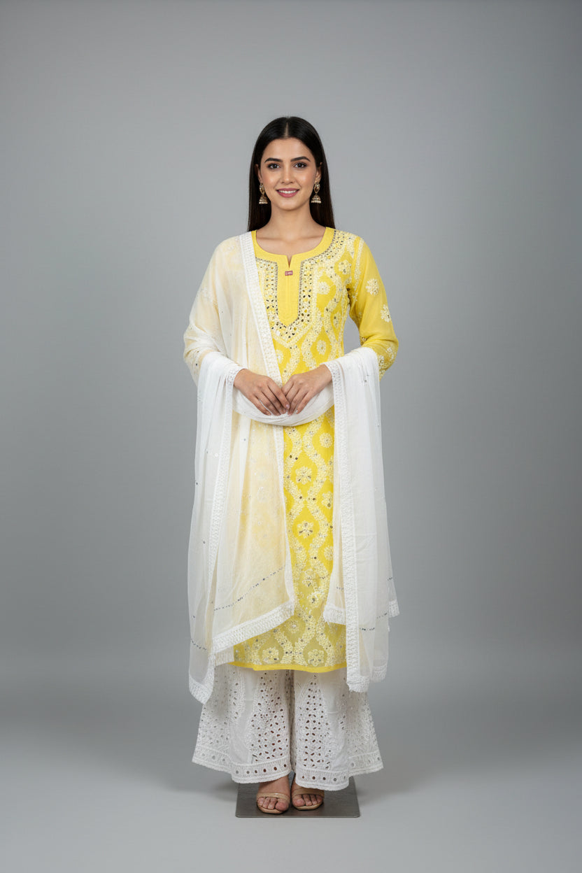 3 Piece Chiffon Set with Mirror Work