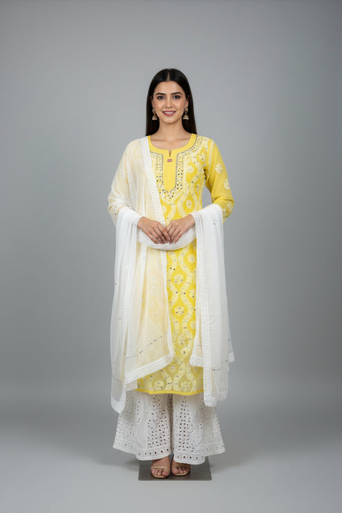 3 Piece Chiffon Set with Mirror Work