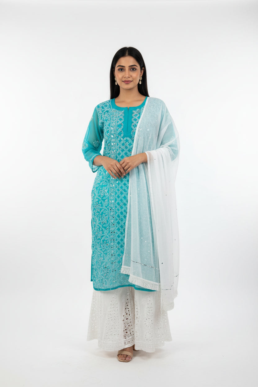 3 Piece Chiffon Set with Mirror Work