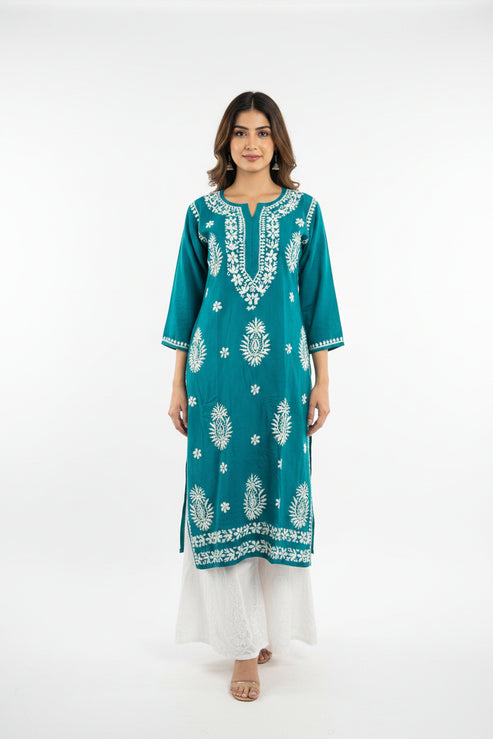 Single Cuff Chikankari Rayon Long Tunic
