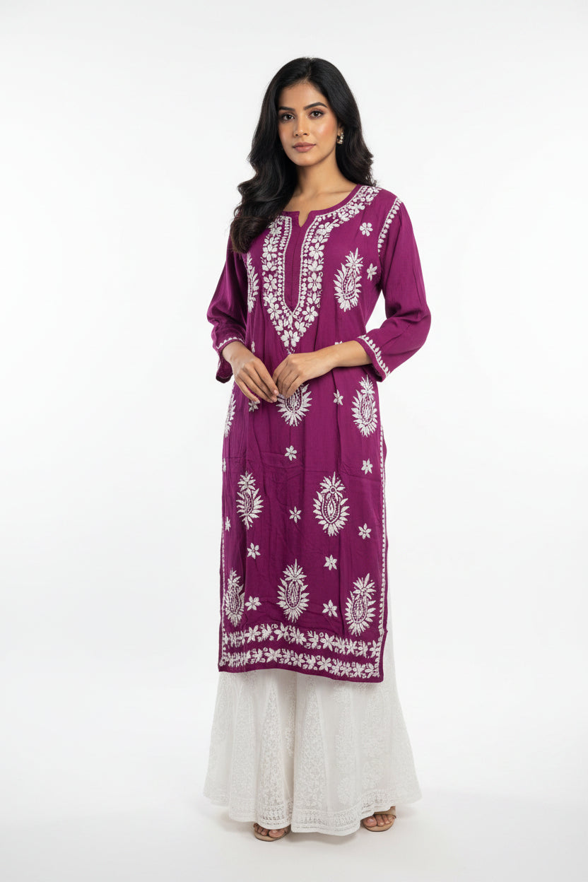 Single Cuff Chikankari Rayon Long Tunic