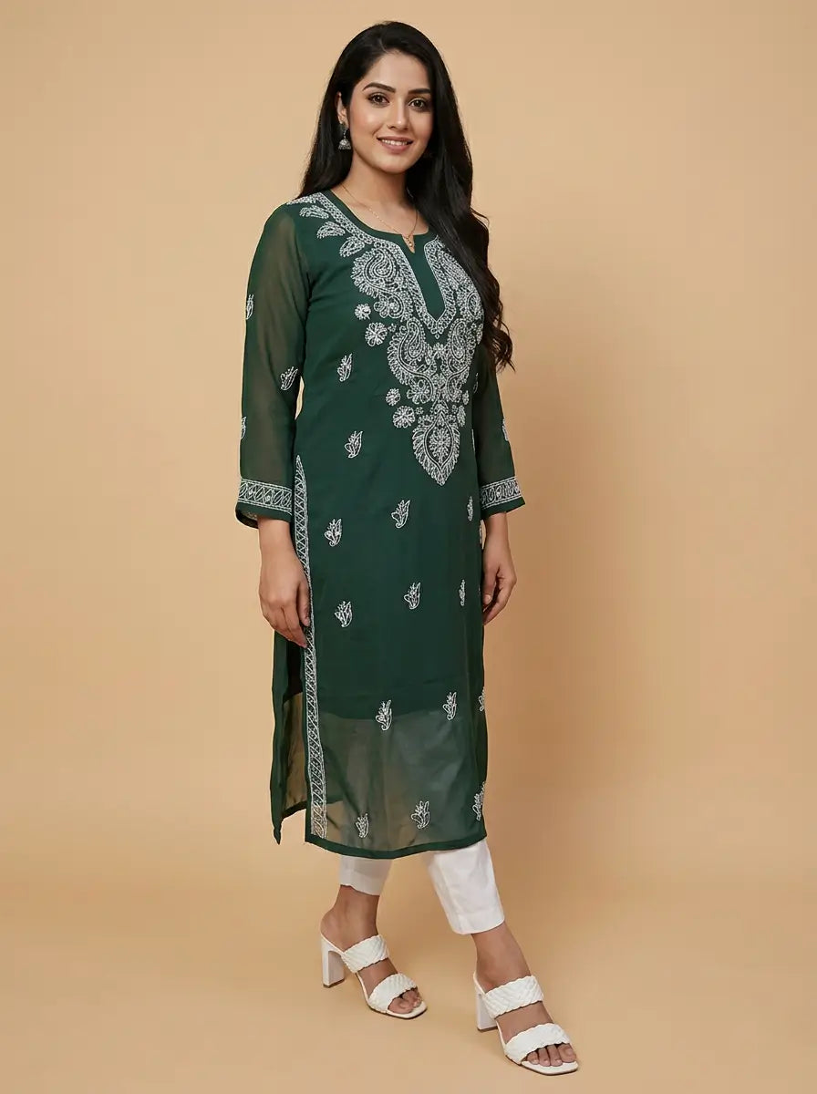 Bottle Green Chiffon Long Tunic with Inner