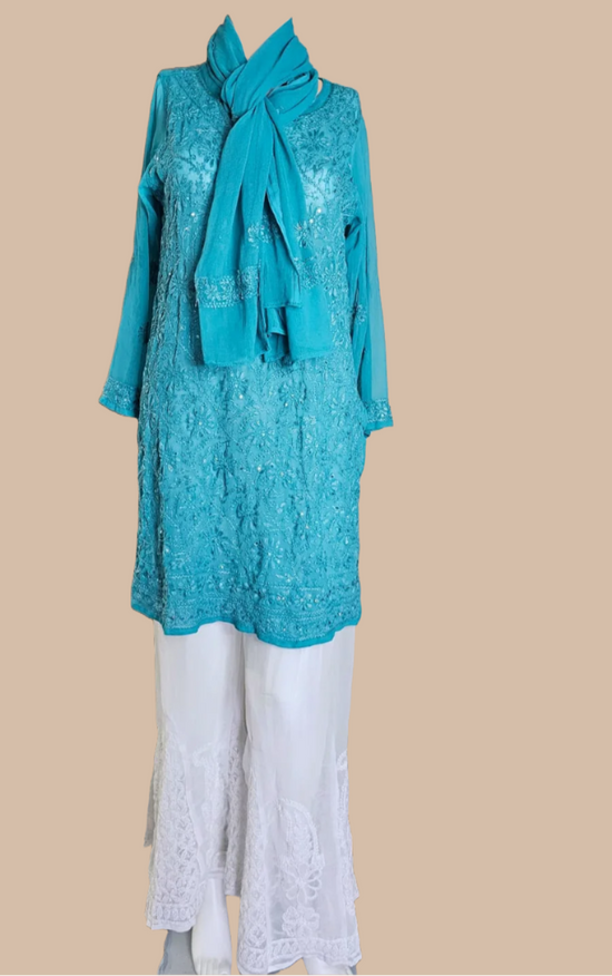 Tunique longue bleu paon avec étole