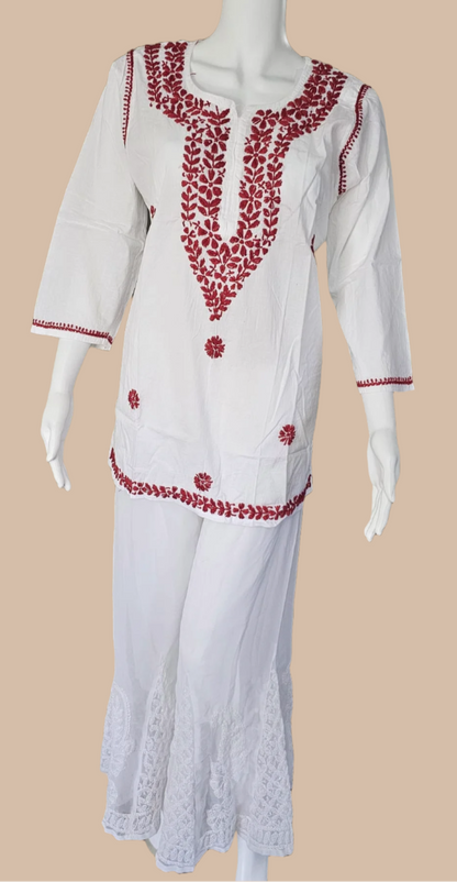 White Short Cotton Top Red