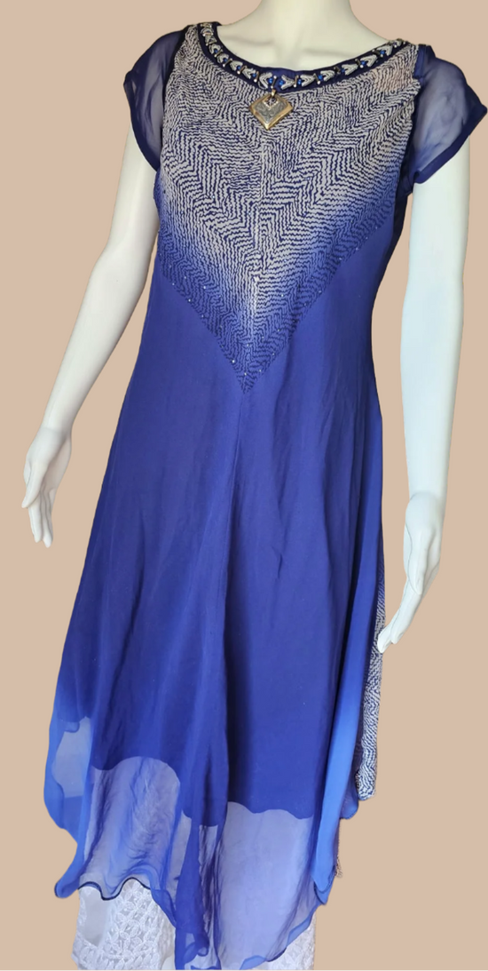 Tunique longue ethnique en mousseline bleue