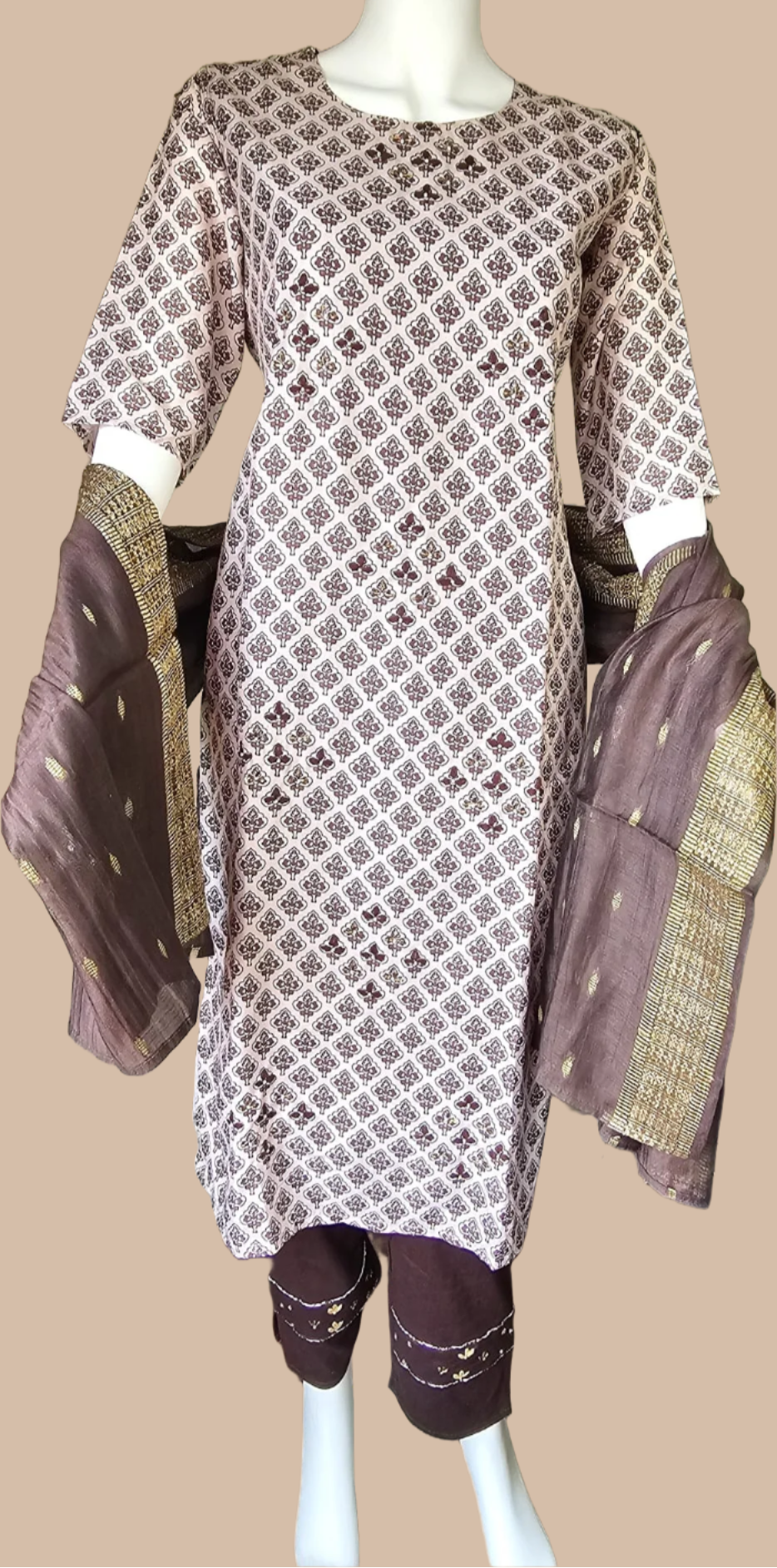 Ensemble tunique trois pièces marron et crème