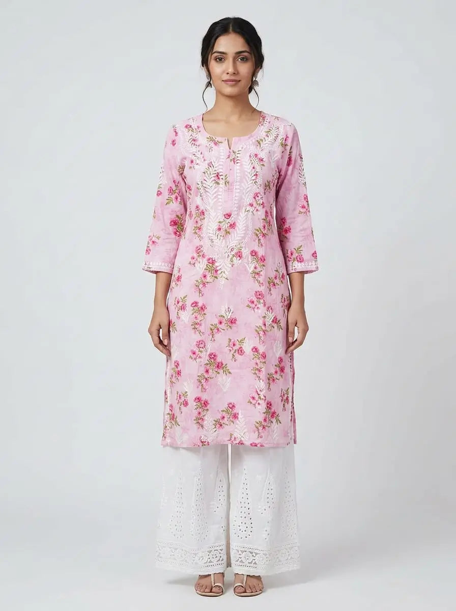 Summer Floral Chikankari Long Tunic