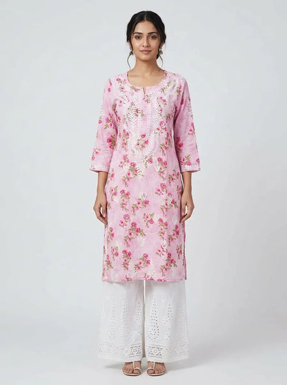 Summer Floral Chikankari Long Tunic