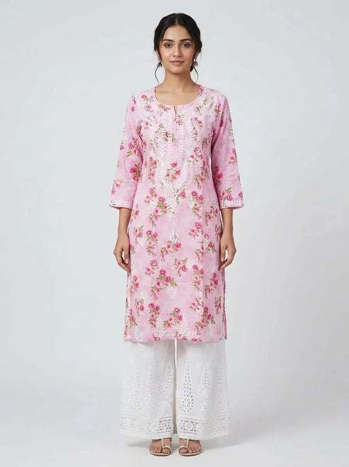 Summer Floral Chikankari Long Tunic
