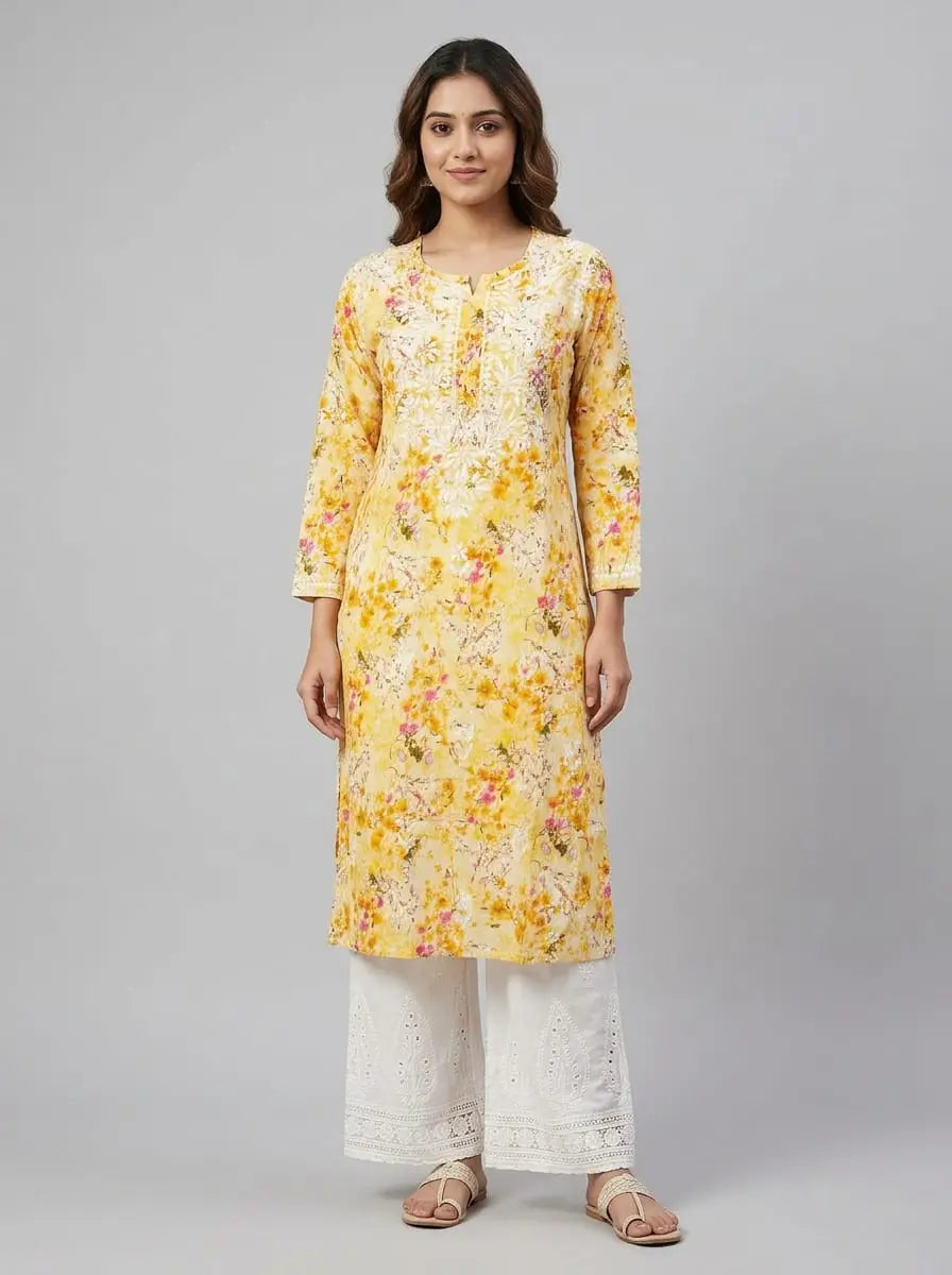 Summer Floral Chikankari Long Tunic