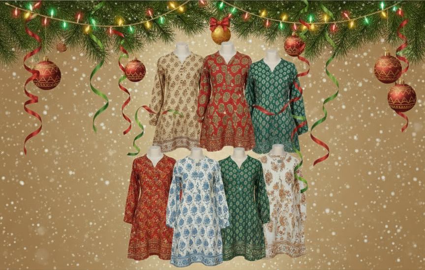 Christmas sale advertisement with kurtis on mannequins and festive decorations.